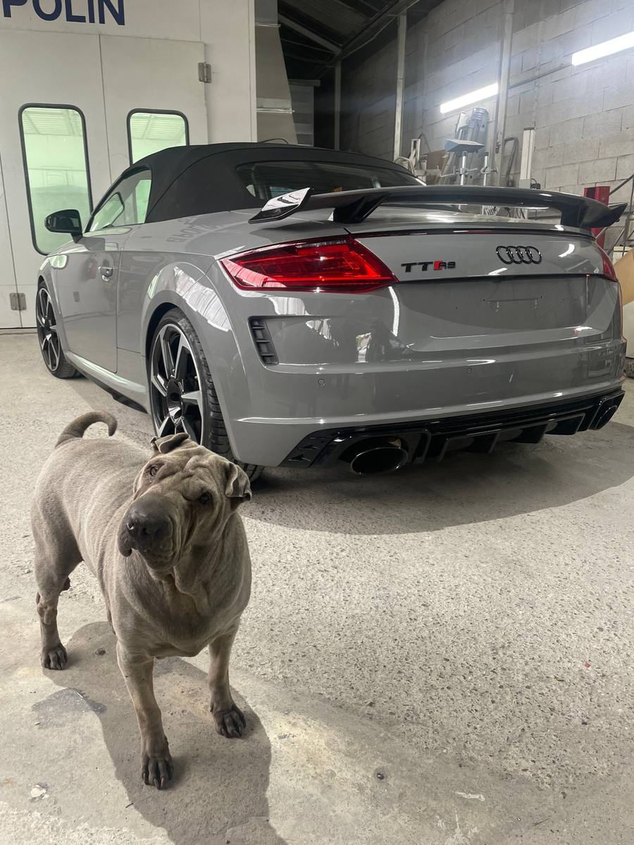 Audi TT RS grise devant la cabine de peinture